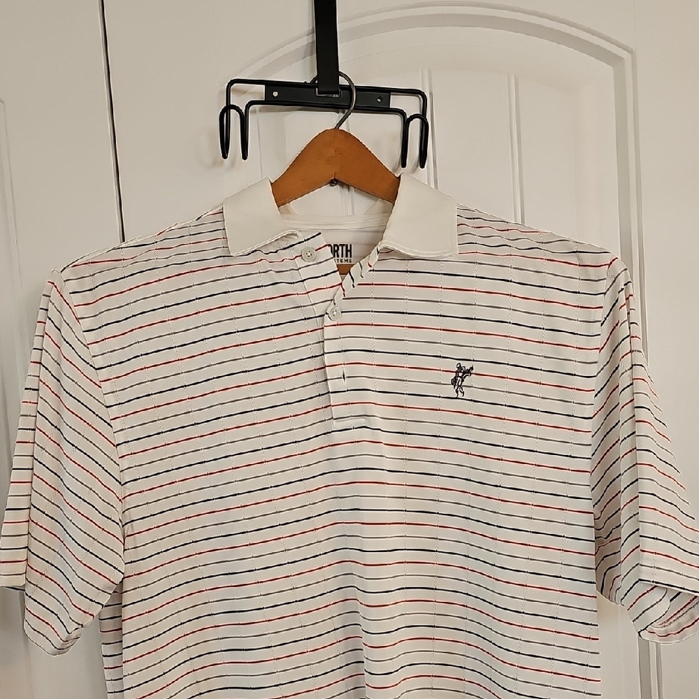 Ashworth Men's Polo Shirt - White with Red and Blue Stripes
